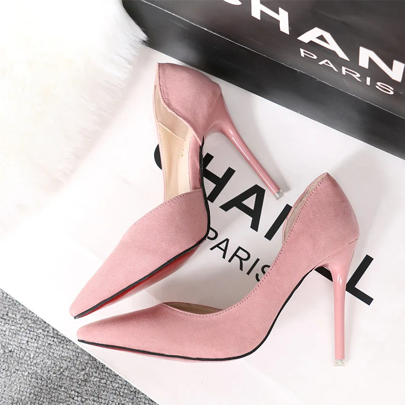 2019 spring and summer new fashion simple stiletto heels women's sandals suede shallow mouth pointed side hollow shoes | Обувь