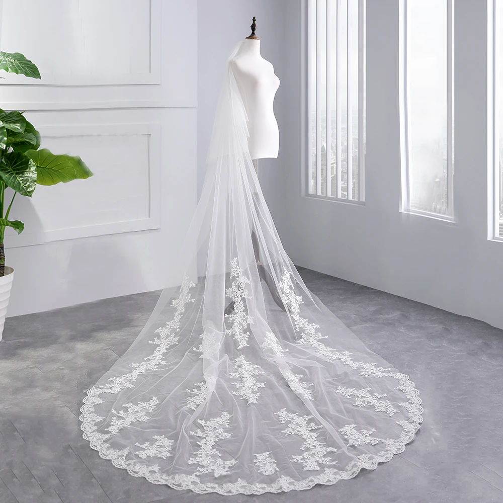 Фата FATAPAESE с гребнем свадебная двухслойная кружевной аппликацией длиной 3 5 м