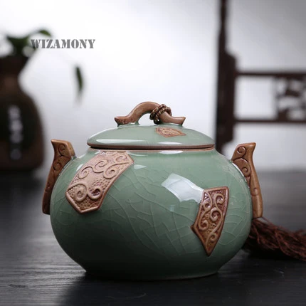 

WIZAMONY Hot Top Grade Crackle Glaze Longquan Celadon Ceramics Capacity Eco-Friendly Tea Caddy Tea Canister Tea Porcelain Jar