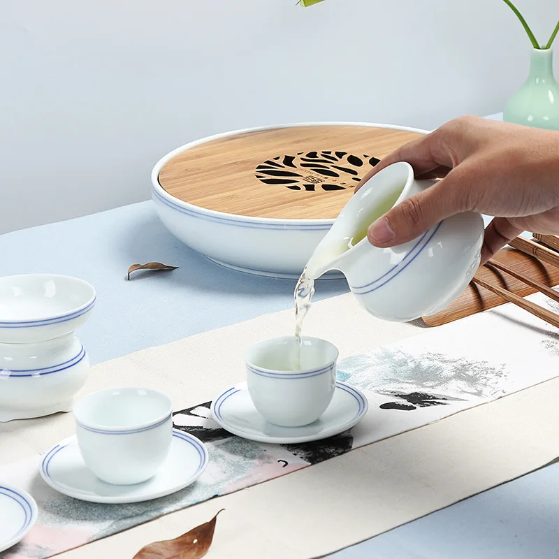 Фабрика jingdezhen, прямая, белый фарфоровый чайный сервиз высокого качества, ручная роспись, голубой двухлинейный чайный сервиз для кунг-фу