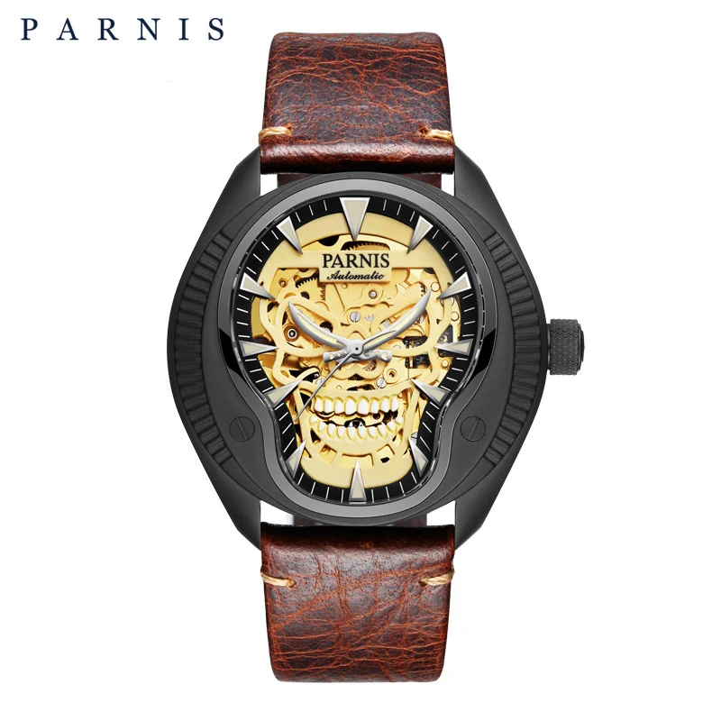 gold skull leather3 Новинка PARNIS механические мужские часы 43 мм дизайнерские Череп Скелет с автоматическим подзаводом светящийся циферблат сапфировое стекло Мужские часы - Цвет: gold skull leather3
