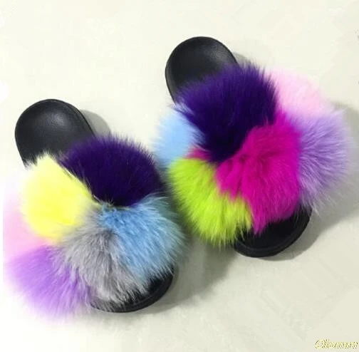 fox hair Женские летние шлепанцы с натуральным лисьим мехом; женские нескользящие тапочки с пушистым мехом; женские меховые тапочки; милые женские плюшевые шлепанцы с лисьим мехом; Лидер продаж - Цвет: fox hair