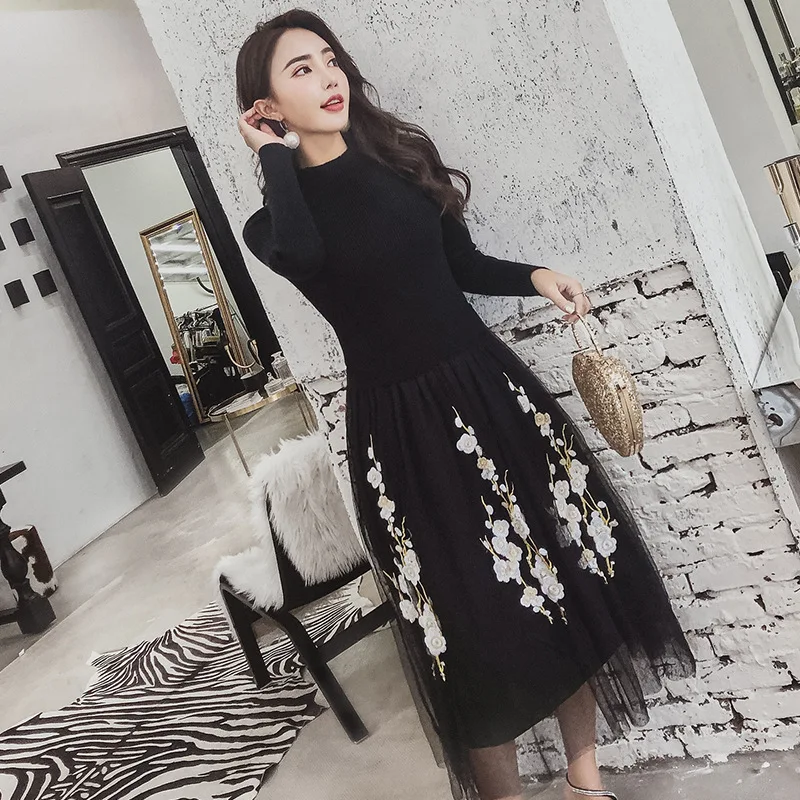 New winter knitting sweater dress off two gauze embroidery women warm show thin the tower | Женская одежда