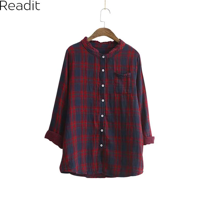 Красный Темно Зеленый Цвет Женщины С Длинным Рукавом Хлопок Клетчатую Рубашку