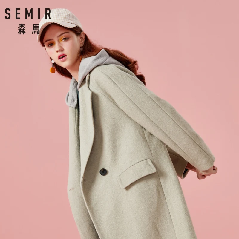Женское двубортное пальто с капюшоном SEMIR из смесовой шерсти контрастным