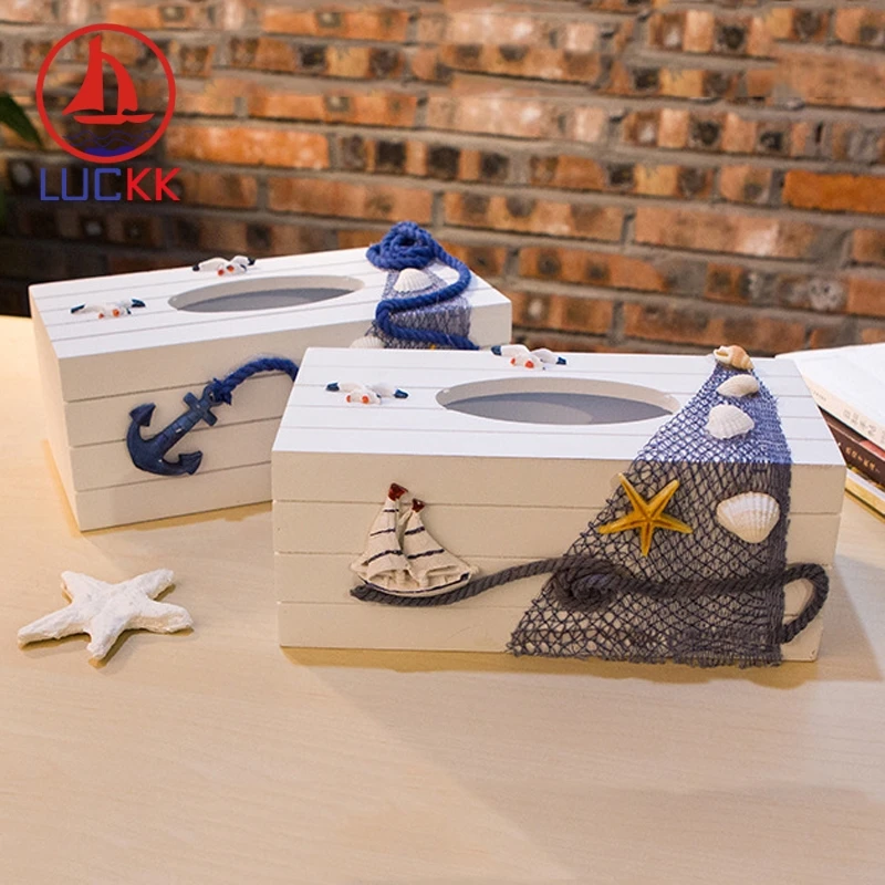 

LUCKK 24CM Handmade Mediterranean Style Wooden Tissue Box Nordic Home Decoration Nautical Office Wood Ornament Carfts Souvenirs