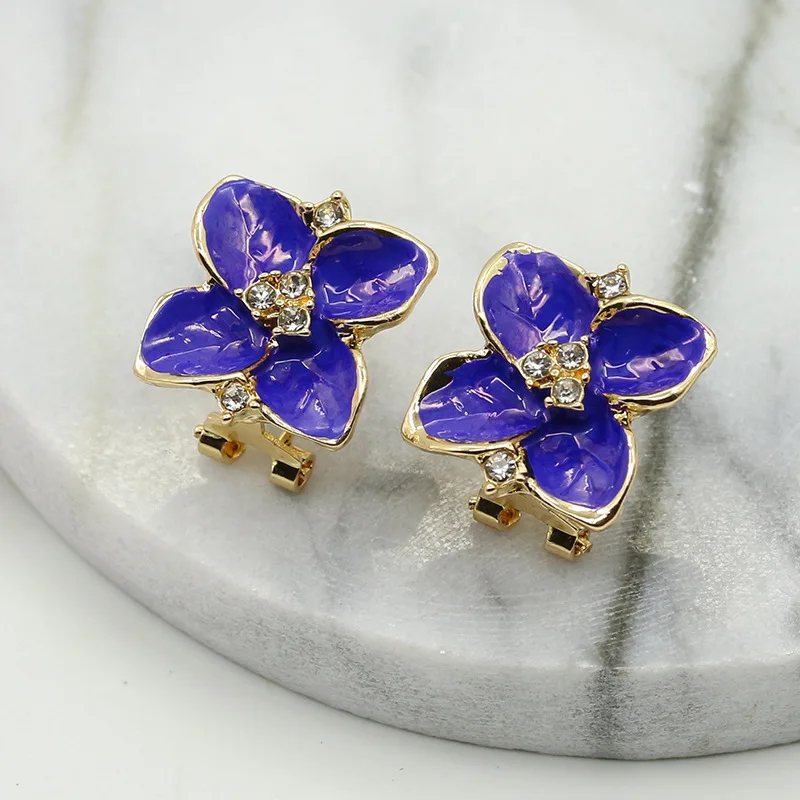 SexeMara Blue Black Pink Flower Stud Earrings Ladies Elegant Gold Rhinestone Pierced Brinco Women Jewelry Gift | Украшения и