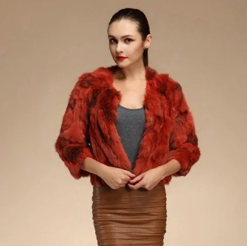 

Spring Autumn Ladies' Real Natural Rabbit Fur Jacket 3/4 Sleeve Women Fur Short Coats Outerwear VF0545