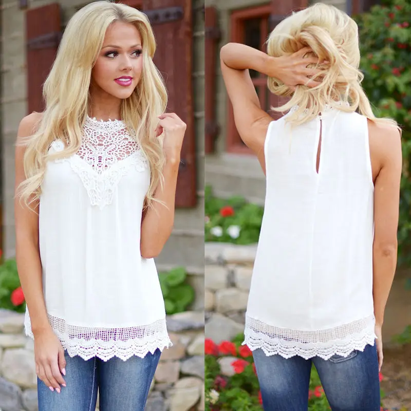 Blusas Femininas, летняя женская блузка, кружевная, винтажная, без рукавов, белая, вязанная крючком, повседневные рубашки, топы размера плюс