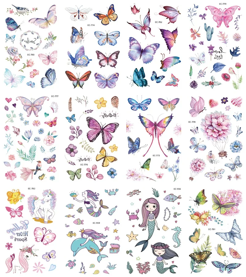 12 листов цветок Русалка Единорог динозавр Временные татуировки стикер для детей