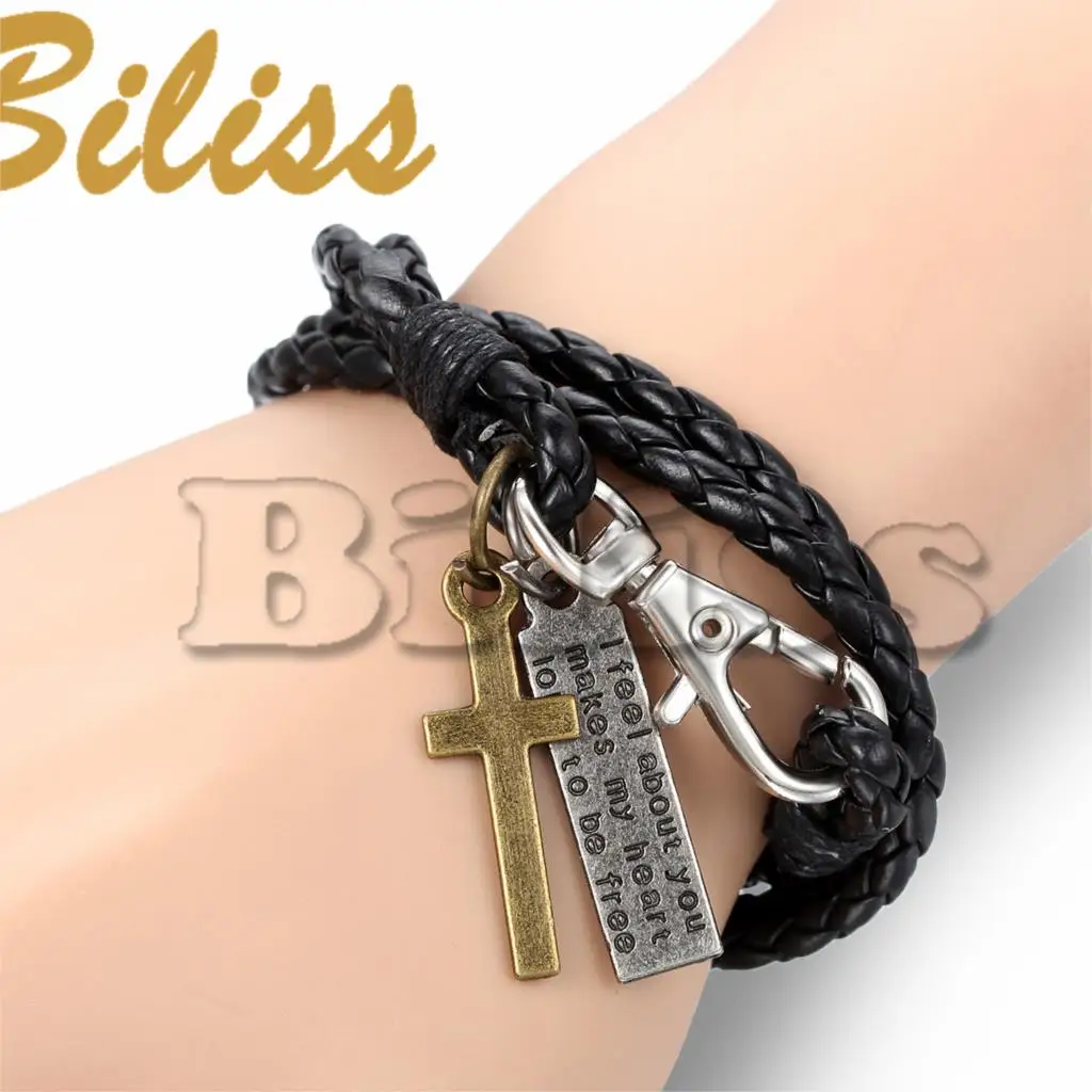 Мужской многослойный Плетеный браслет черный кожаный с крестом винтажная