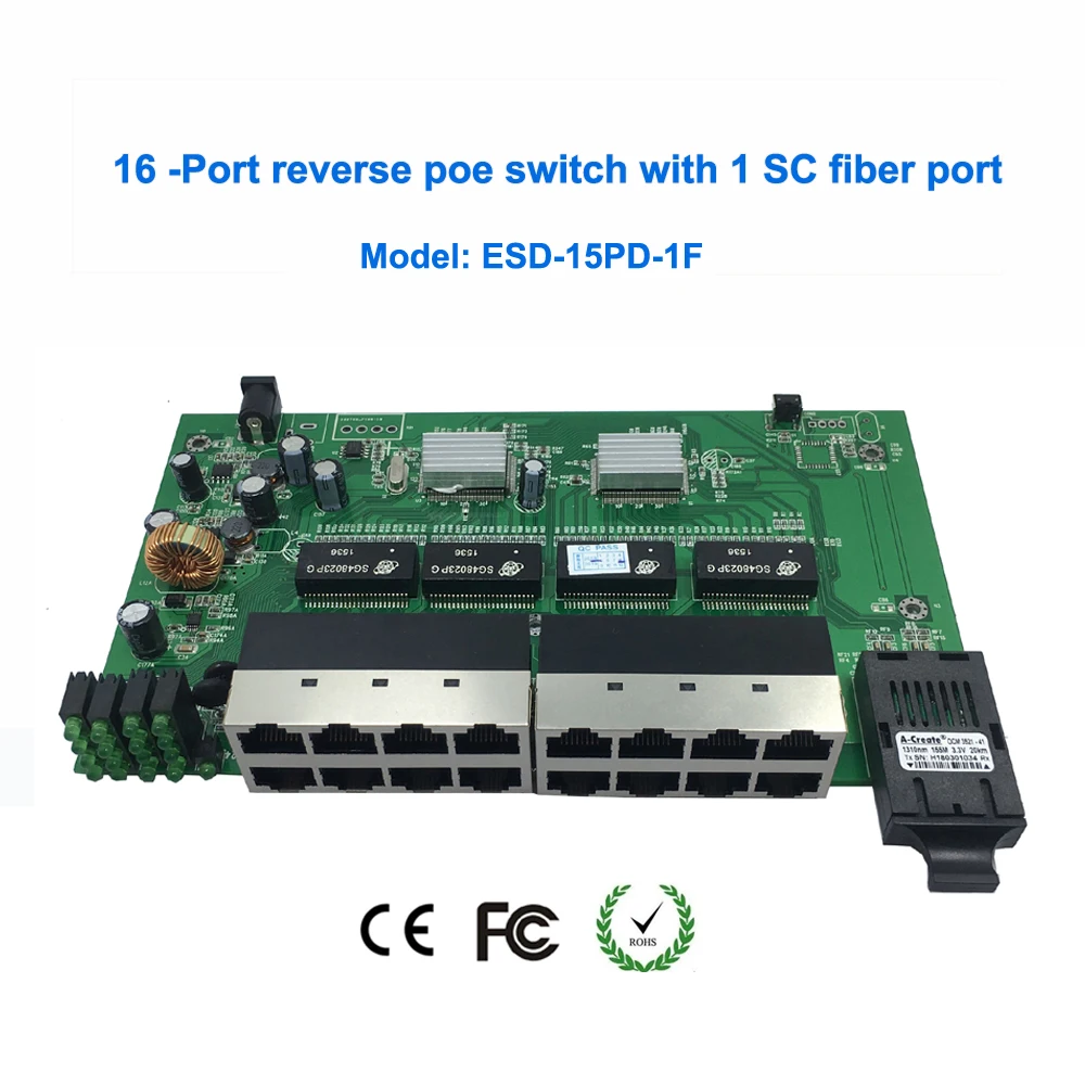 24V poe16 порт стандартный коммутатор ethernet с 1 печатной платой волоконного порта