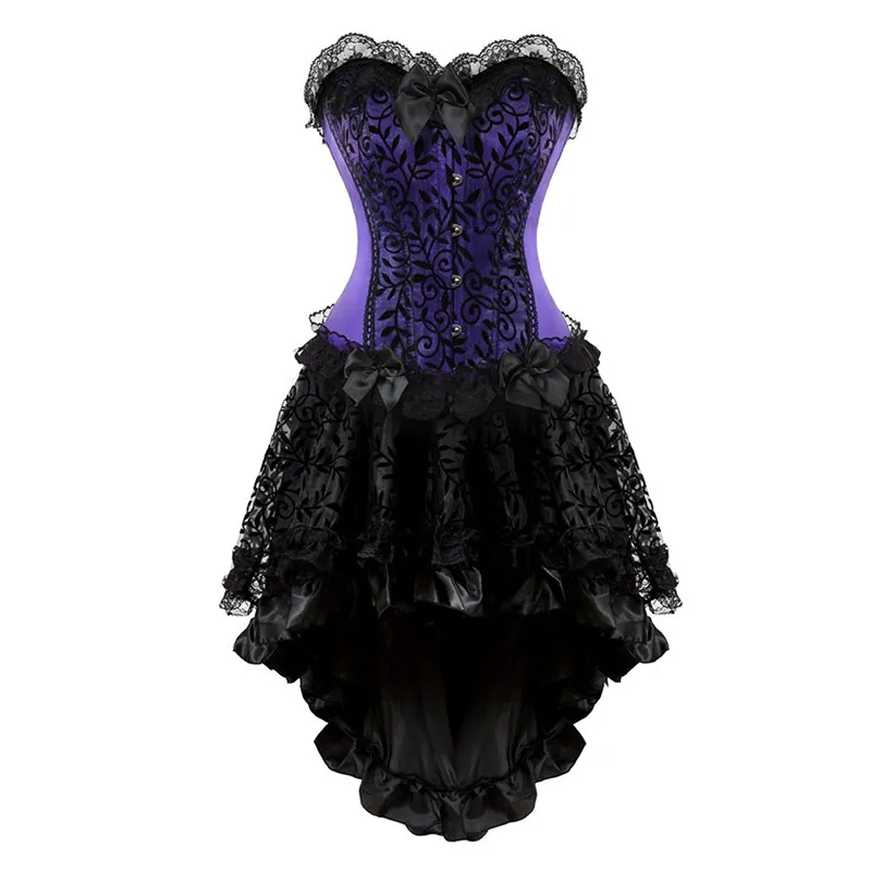812purple 7056black Викторианское корсетное платье Готический Косплей Костюм Холтер корсет для женщин сексуальный винтажный корсет бюстье юбка мода размера плюс фиолетовый - Цвет: 812purple 7056black