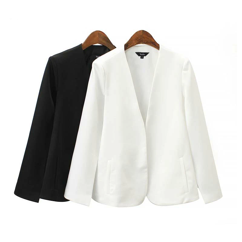 

Elegant Women Black White V Neck Coat Fashion Pockets Office Wear Solid Outerwear Female Casual Open Stitch Thin Tops