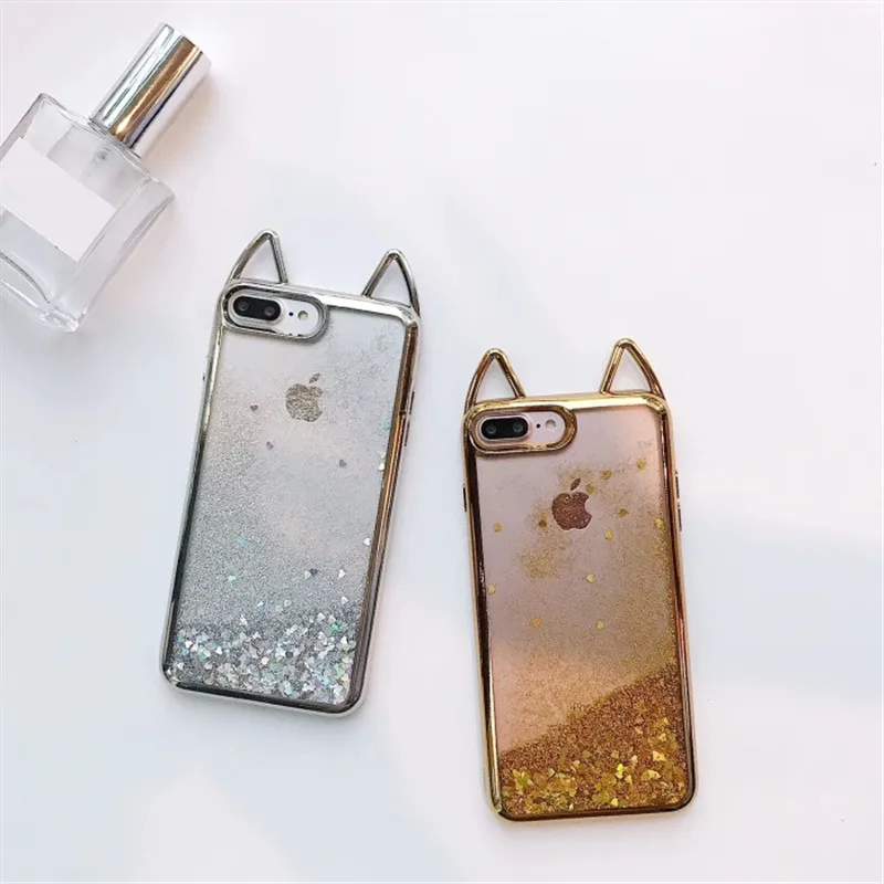 LAN чехол для iPhone 6S милый кошачьи ушки Блестящий песок Мягкий Жидкий 6 Plus 7 8 X Чехол