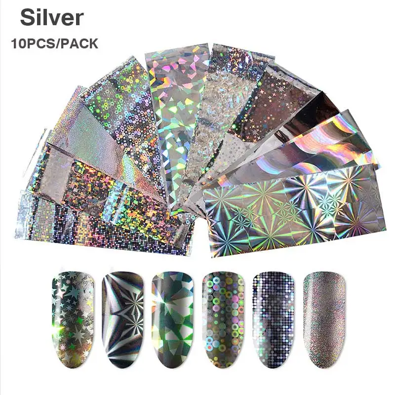 Silver 10pcs 10 листов золотого и серебряного цвета Фольга для ногтей Лазерная блестящая Смешанная цветная переводная наклейка голографические наклейки маникюрные украшения - Цвет: Silver 10pcs