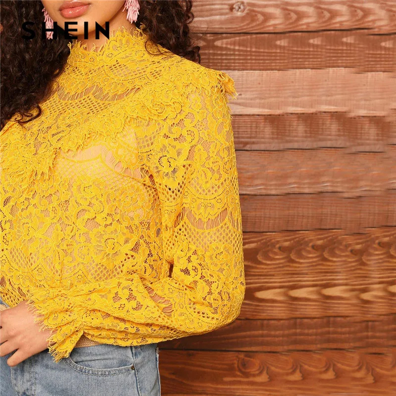 SHEIN Кружевной Топ С Оригинальным Рукавом Женская Элегантная Блузка С Длинным Рукавом