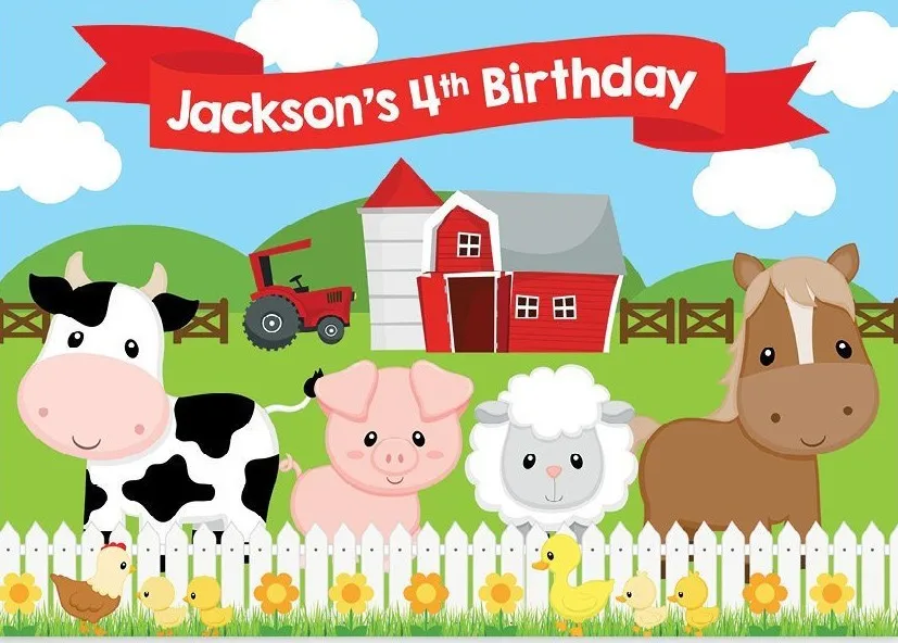 Custom Farmyard Farm Themed Animal Barnyard Fence Cow Red Barn backgrounds Computer print birthday backdrop