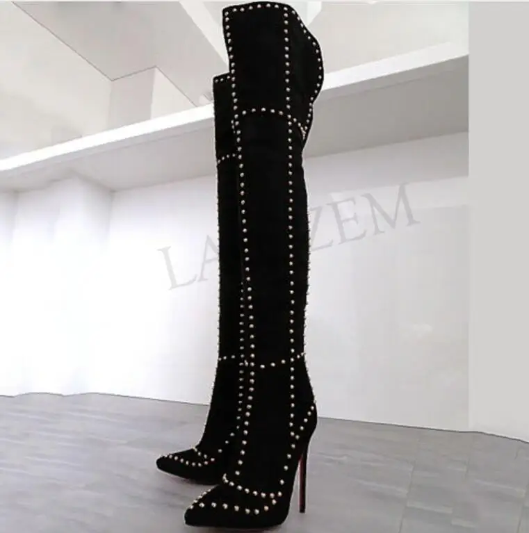 LGZ323 Black LAIGZEM женские сапоги до бедра на очень высоком каблуке высокие сапоги на шпильке с шипами женские сапоги; Botines Mujer; большие размеры 34-47 - Цвет: LGZ323 Black