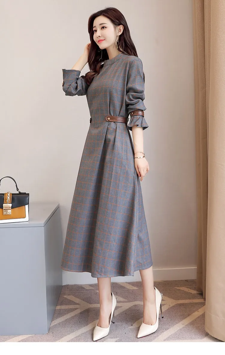 New Brand Spring Autumn Long Sleeve Plaid Dress Women Elegant Empire Pleated Dresses Elegant Office Work Vintage Long Dress