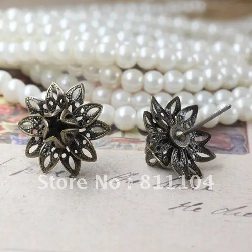 

16mm Antique Bronze tone Blank Earrings Base 3D Flower Tray Base Clip Stud Earrings Diy Cameo Cabs Jewelry Settings Findings