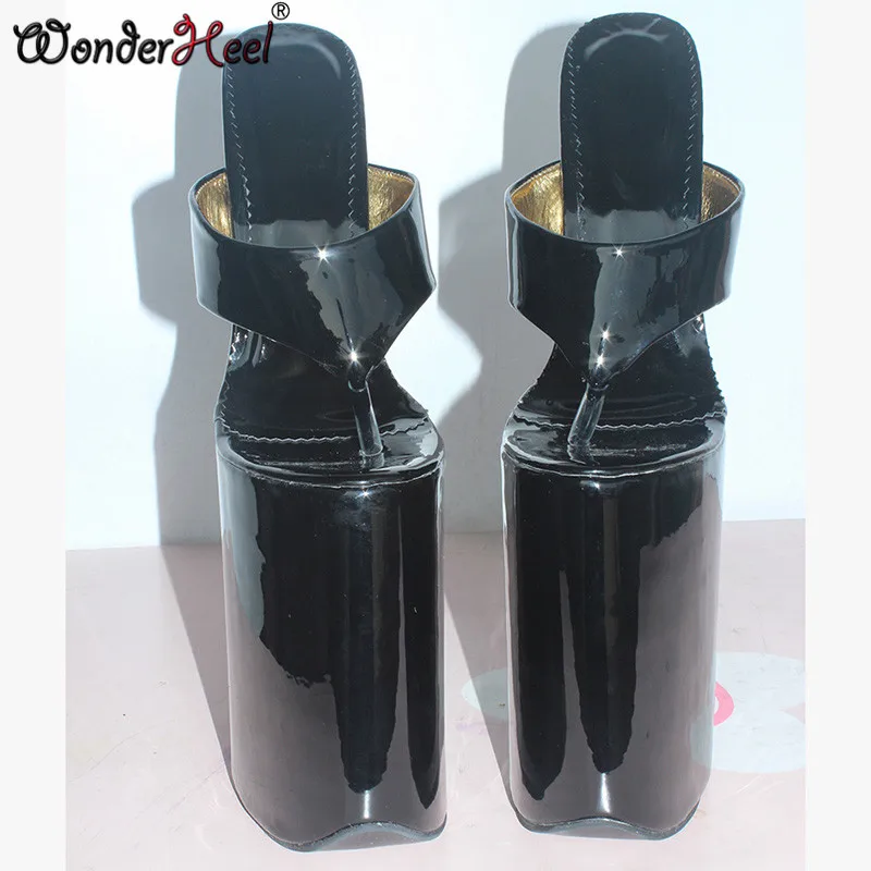 Wonderheel/каблук 12 дюймов; очень высокий каблук 30 см; шпильки на платформе; черные лакированные пикантные Фетиш-босоножки на высоком каблуке без застежки