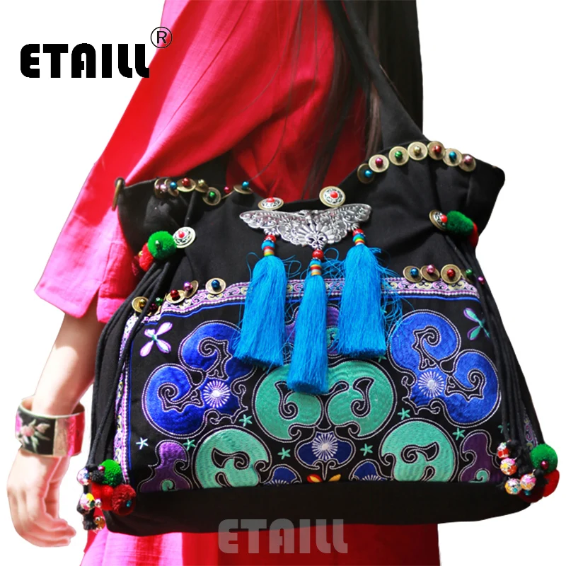 Сумка в национальном этническом стиле с вышивкой богемном кисточками сумочка
