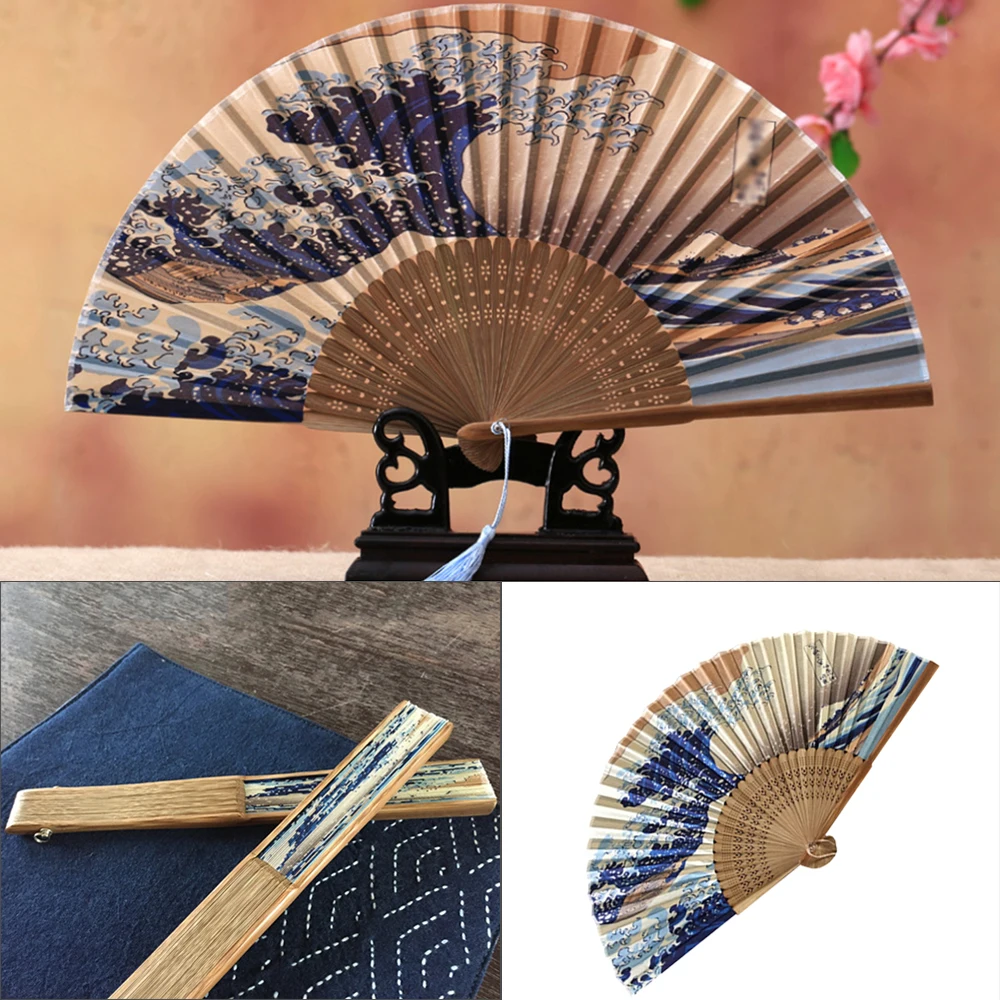 Ручной вентилятор Fuji Kanagawa Waves из натурального шелка японский складной веер