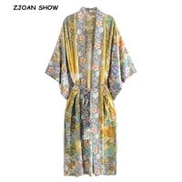 2019 bohemian v neck tiger flower print long kimono shirt ethnic new women lacing up bow sashes long cardigan loose blouse tops