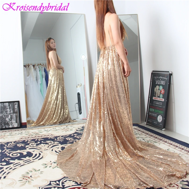 HSQ013 New Arrival Open Back Evening Dresses Spaghetti Straps Beautiful A Lince Gold Sequins Lace Gowns Prom 2019 Long | Свадьбы и