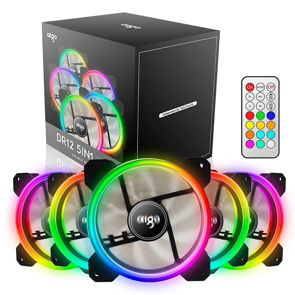 Aigo 5 шт. DR12 RGB Кулер для процессора с ИК пультом 120 мм LED Вентилятор компьютера