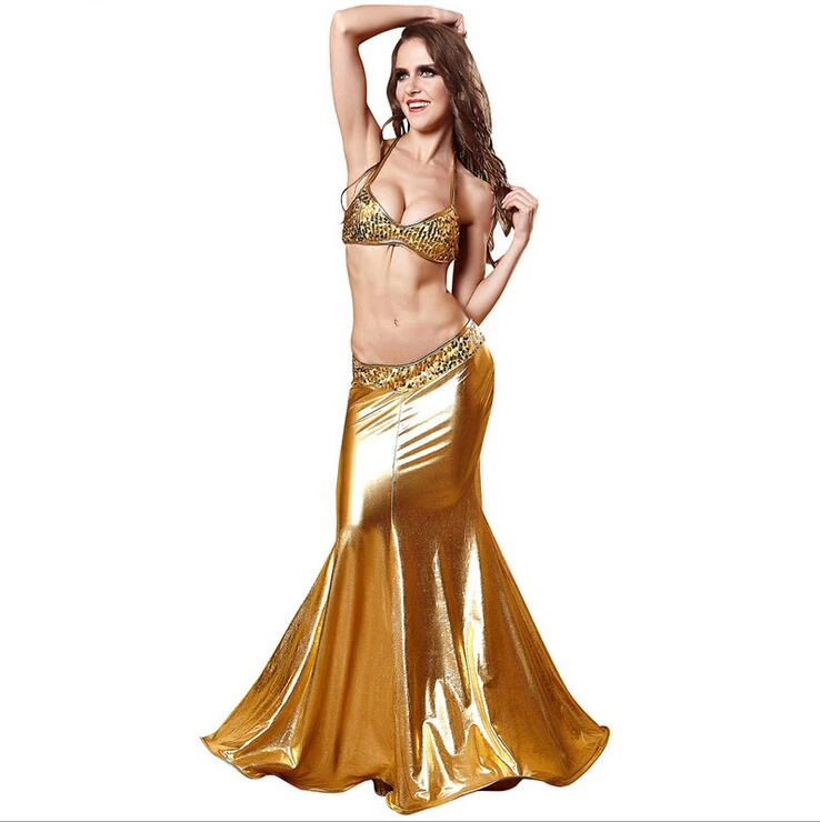 Русалка Принцесса Униформа Золотой лакированная кожа Блестки Труба платье