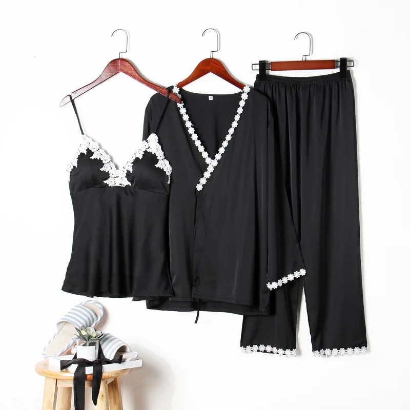 Сексуальные пижамы для женщин элегантные 3 шт женские кружевные пятна шелковая