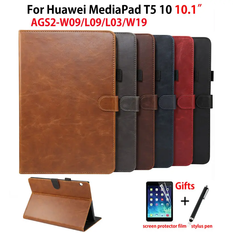 Роскошный чехол для Huawei MediaPad T5 10 AGS2-W09/L09/L03/W19 10,1 дюймов, чехол для планшета, искусственная кожа, чехол-подставка, Чехол + пленка + ручка