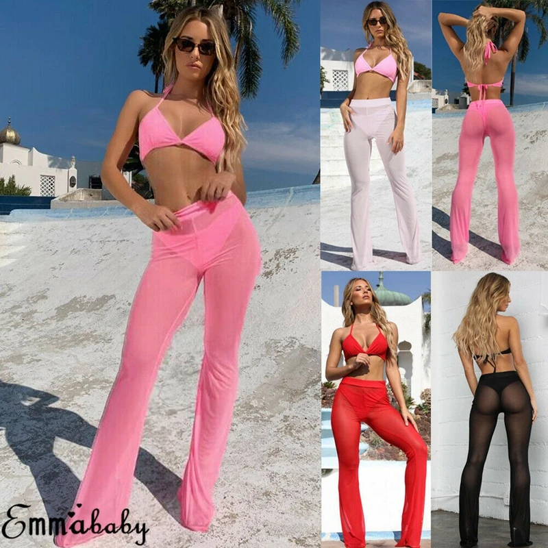 

Сексуальные женские пляжные сетчатые прозрачные широкие брюки, однотонные женские бикини, расклешенные брюки