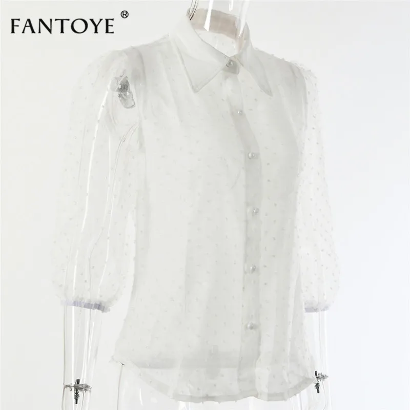 Fantoye, Весенняя новинка, женская шифоновая блузка, рубашка, сексуальная, прозрачная, сетка, бисер, с пышными рукавами, женские офисные рубашки, женская блуза, наряды