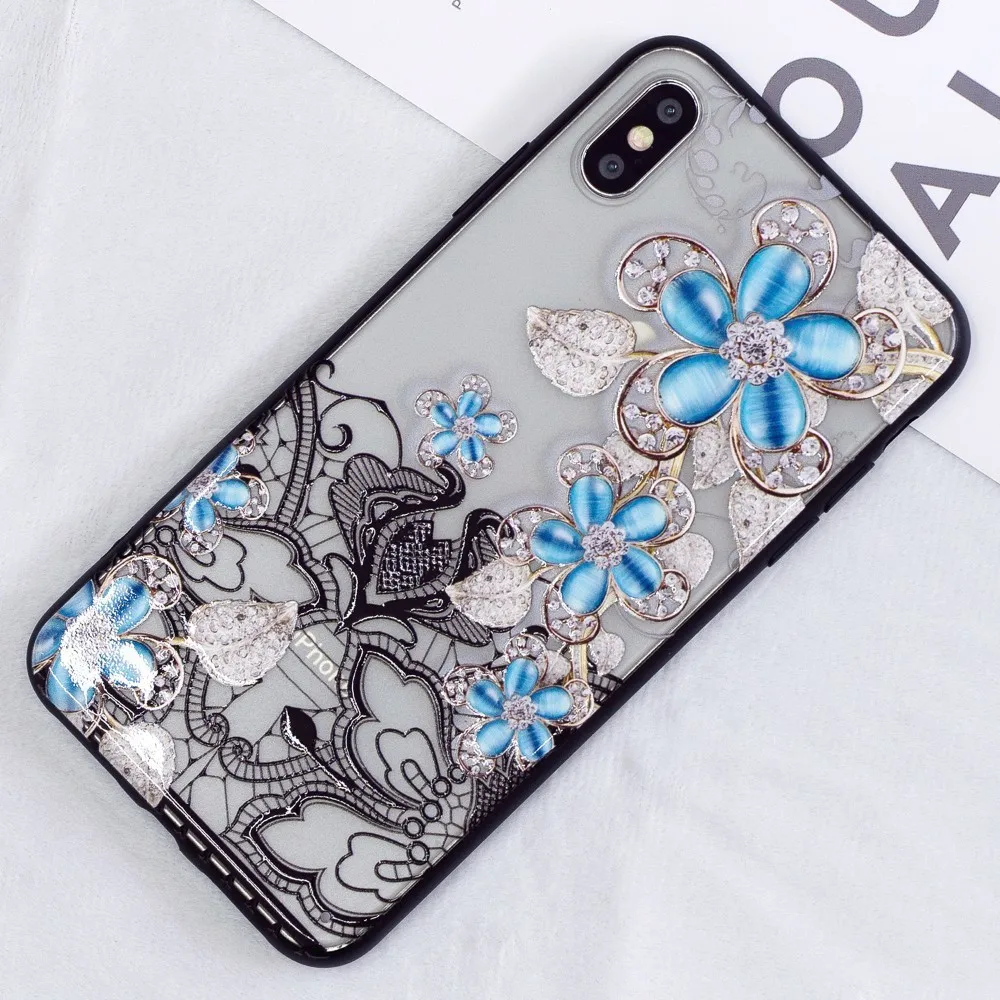 Чехол для Телефона iPhone X XS XR Max 3D Алмазная кружевная Цветочная задняя крышка чехол