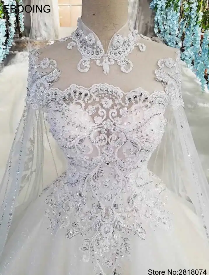 EBDOING Luxurious Lace Ball Gown Wedding Dress High Neckline Vestidos De Novia Custom Made Plus Size Bride Dress