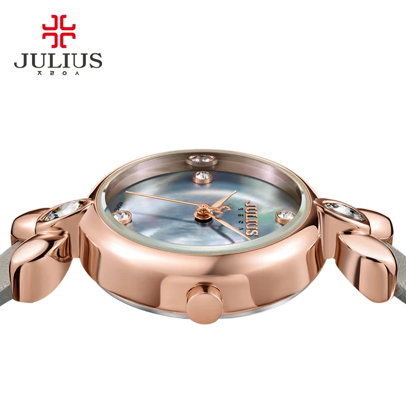 Элегантные женские часы Julius тонкие с кожаным ремешком кварцевые кристаллами