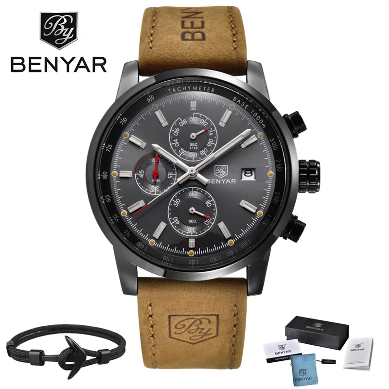 Мужские часы Reloj Hombre бренд BENYAR спортивные водонепроницаемые кварцевые часы с кожаным хронографом мужские часы Relogio Masculino BY-5102M - Цвет: black gary box