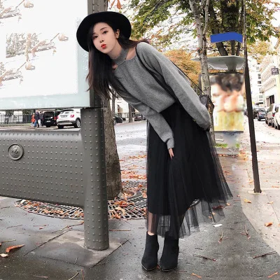 Зимний женский комплект сетчатая юбка вязаный свитер и длинная из двух предметов