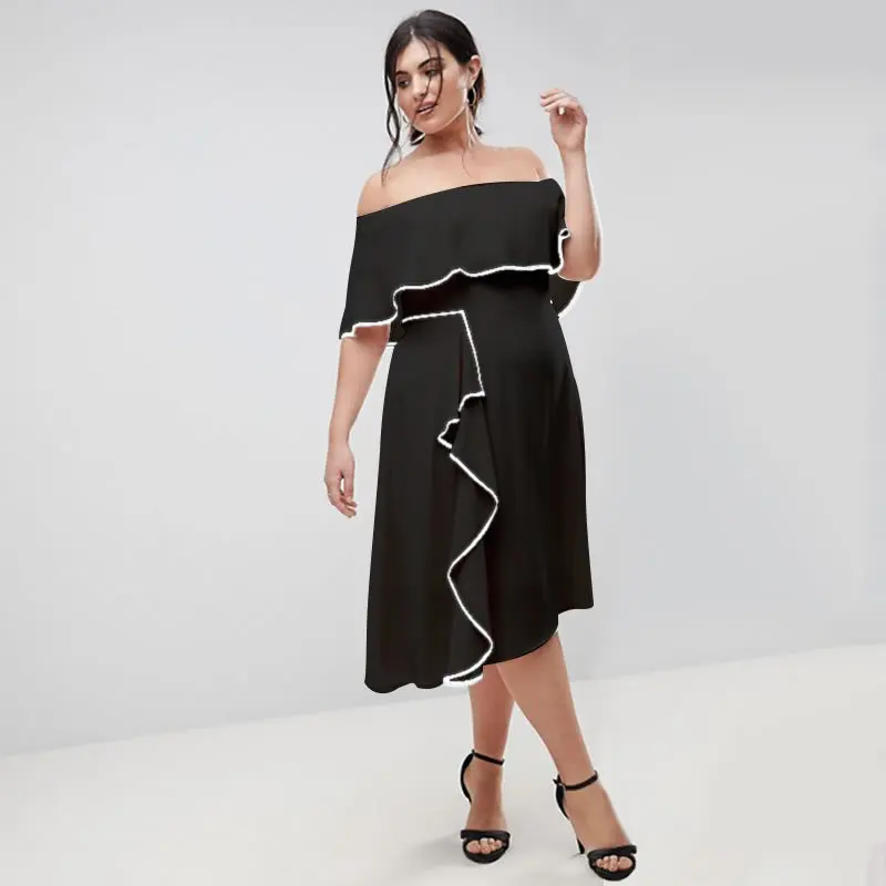 Большие размеры повседневные однотонные летние платья с оборками открытыми