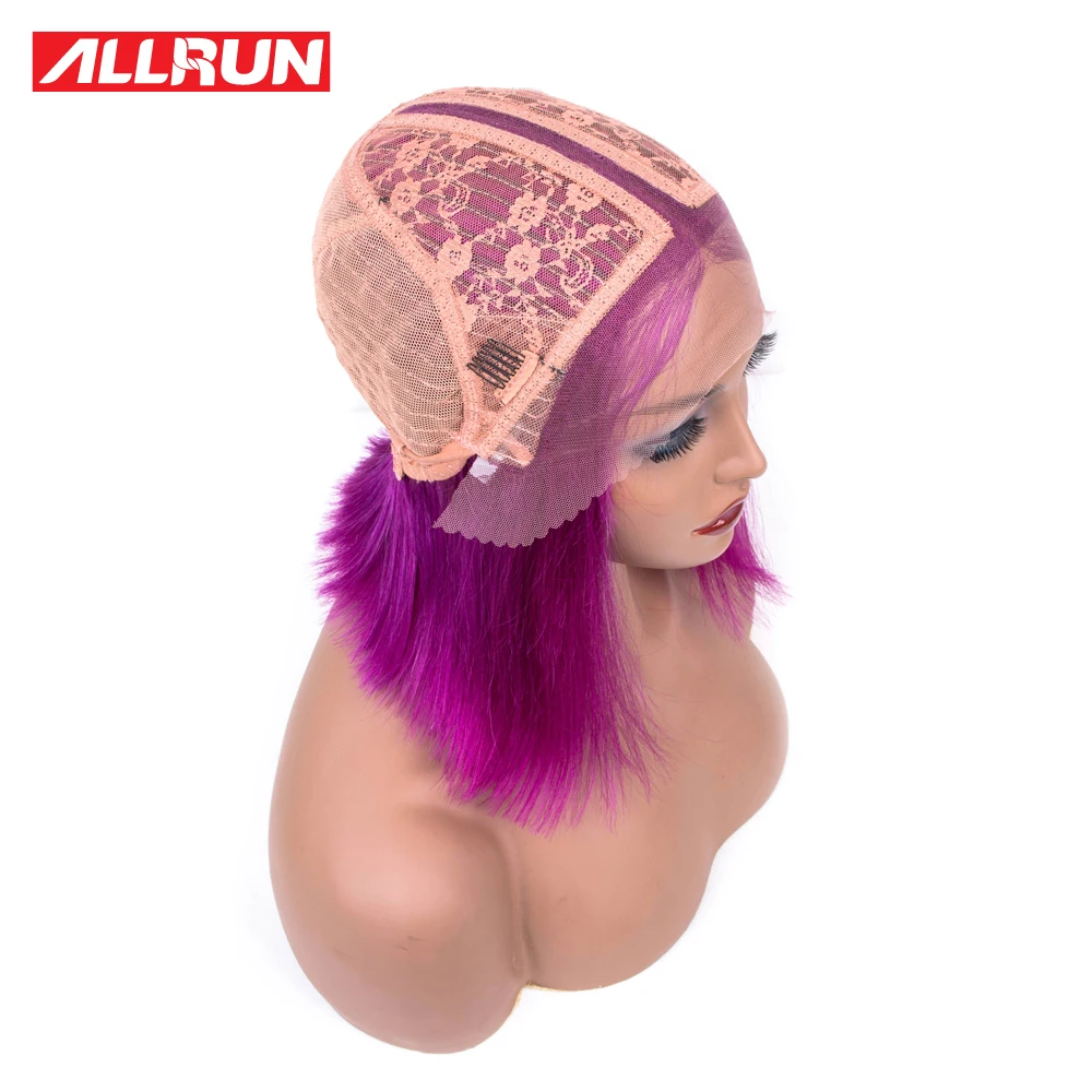 Allrun Короткий кружевной передний парик человеческих волос предварительно сорвал Реми кружева передний al парик фиолетовый бразильский волос Боб парик средний часть естественная линия