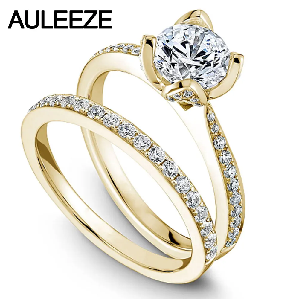14K Yellow Gold Обручальные кольца с цветочным дизайном и бриллиантами, 1CT, муассаниты, обручальное кольцо, твердые кольца из желтого золота 14 к, подарки на день Святого Валентина - Цвет камня: 14K Yellow Gold