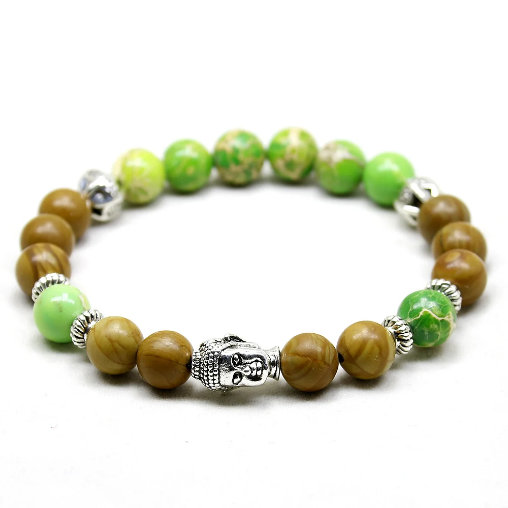 Mala браслет для йоги чакра зеленый морской осадочный с древесным камнем Йога