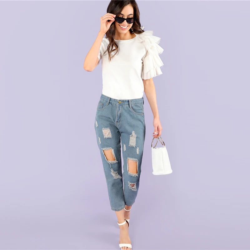 Sheinside Plain White Layered Sleeve Workwear Tops Office Ladies Ruffle Regular Fit Stretch Casual Women Summer T-shirt