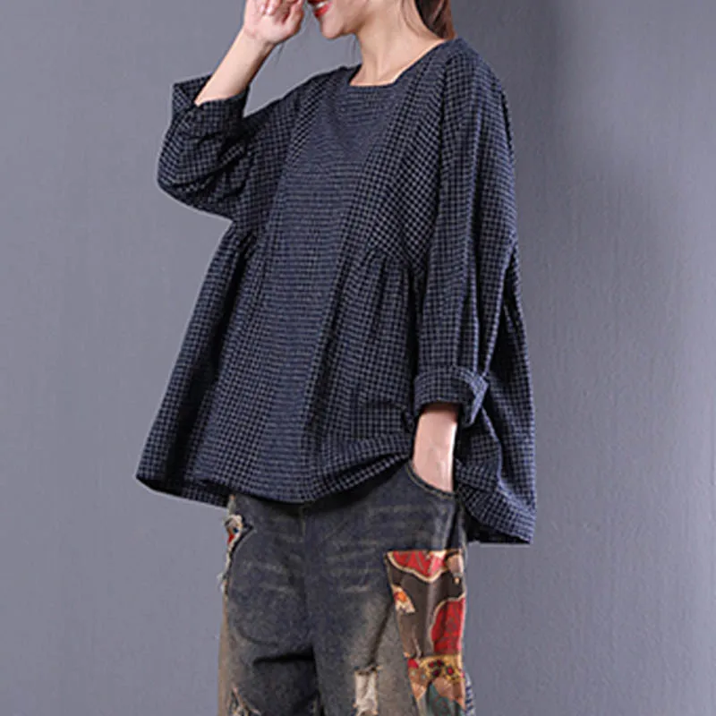 Топ Blusas, Женская Клетчатая блуза с вырезом лодочкой и длинным рукавом, осенняя, хлопковая, льняная, повседневная, для вечеринки, плиссированная, с воланом, блузка, рубашка, плюс размер - Цвет: Синий