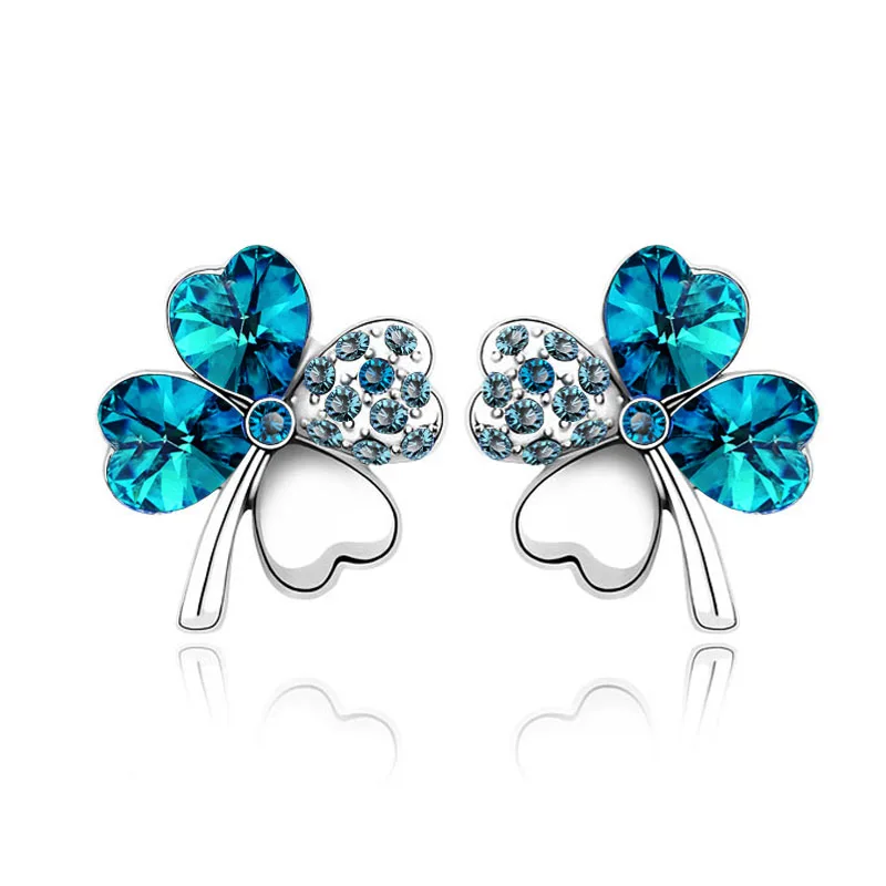 crystalblue Милые серьги-гвоздики в виде четырехлистного клевера для влюбленных, женские брендовые серьги-гвоздики золотого цвета с австрийским кристаллом, ювелирное изделие 9554 - Окраска металла: crystalblue