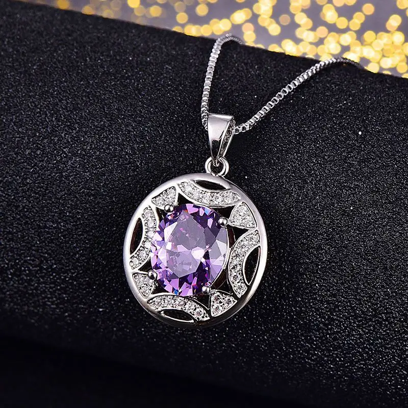 Purple PANSYSEN, 925 пробы, Серебряное ретро кольцо, выдолбленные подвески, ожерелье для женщин, подарок на свадьбу, день рождения, ювелирное изделие - Цвет камня: Purple