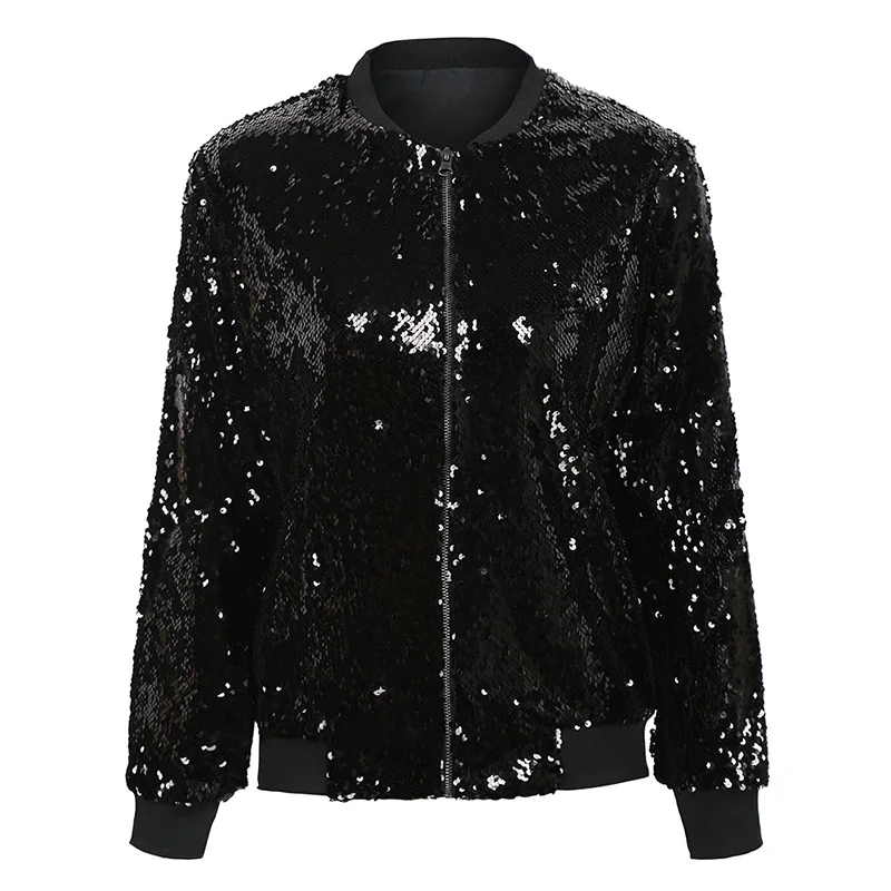 Spring Autumn Women Sequin Coat Green Bomber Jacket Long Sleeve Zipper Streetwear Tunic Loose Casual Basic Lady Outwear XXL